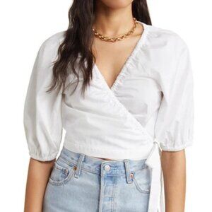 Open Edit Puff-Sleeve 100% Cotton Wrap Blouse | White | Size XS | Plastic-free